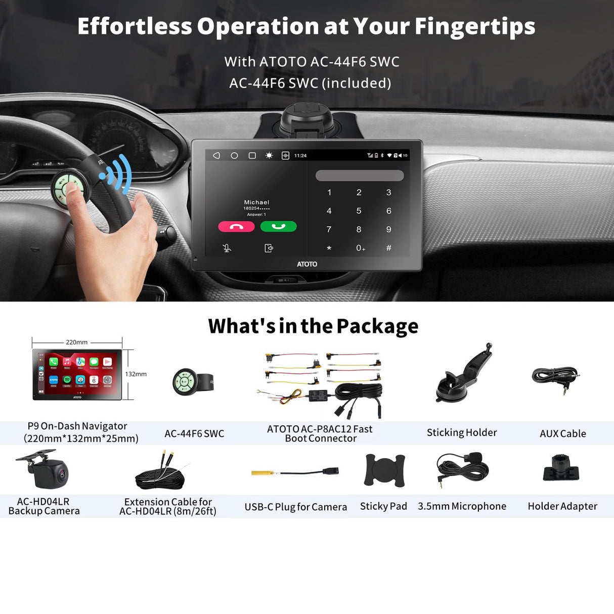 ATOTO 9 Pouces GPS pour voiture avec Caméra de Recul 1080P et Télécommande, QLED Android Autoradio Portable, 4G+32G, CarPlay & Android Auto sans fil, 4G LTE, Double Bluetooth, Suivi GPS