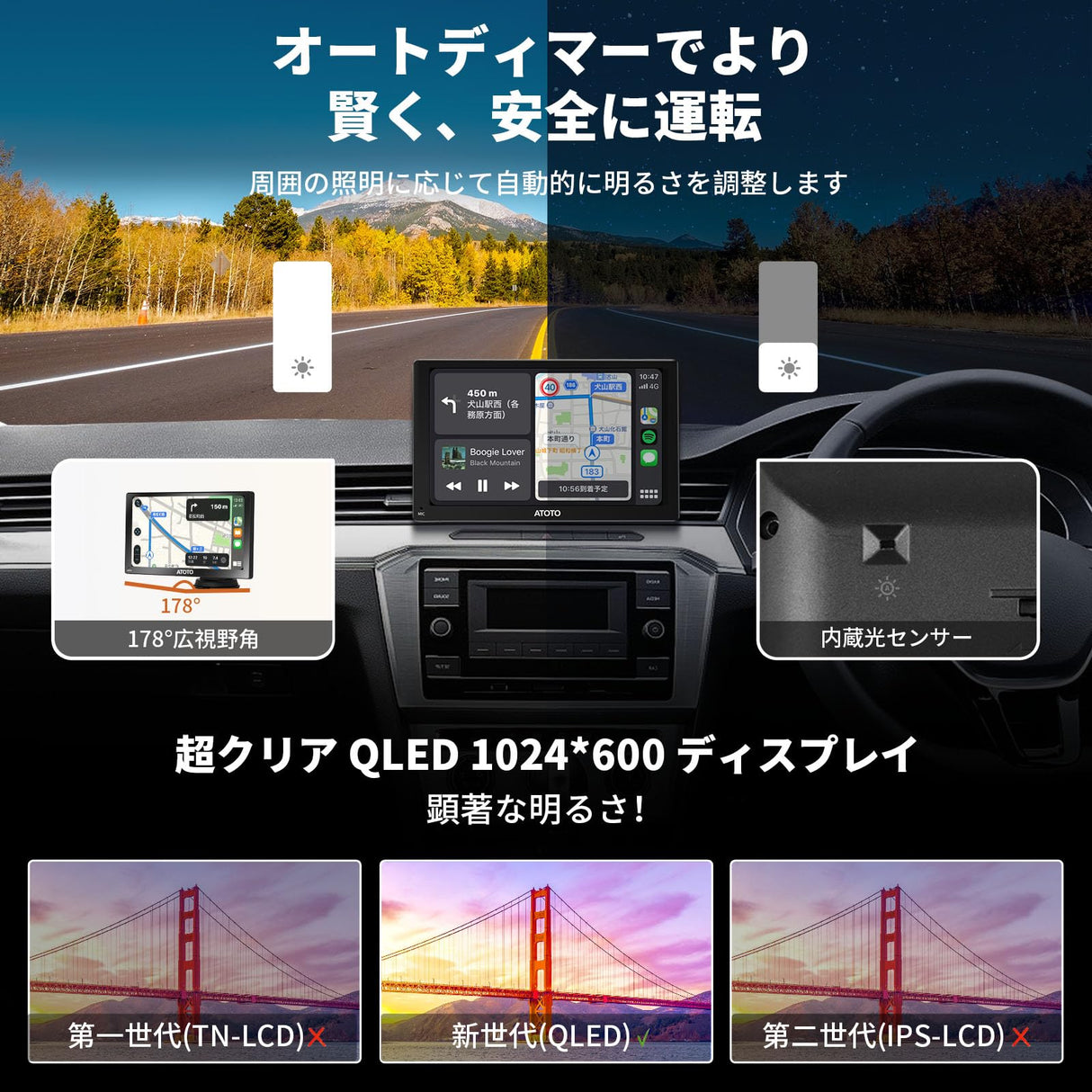 ATOTO P8 カーGPSナビ、7インチQLEDグレア抑制タッチスクリーン、ワイヤレスAndroid Auto&ワイヤレスCarplay、フロント&リアDVRカム入力、WDR&自動調光、リモコン、Bluetooth、AUX/FM出力、GPSナビゲーション、最大128G SDのサポート、P807PR
