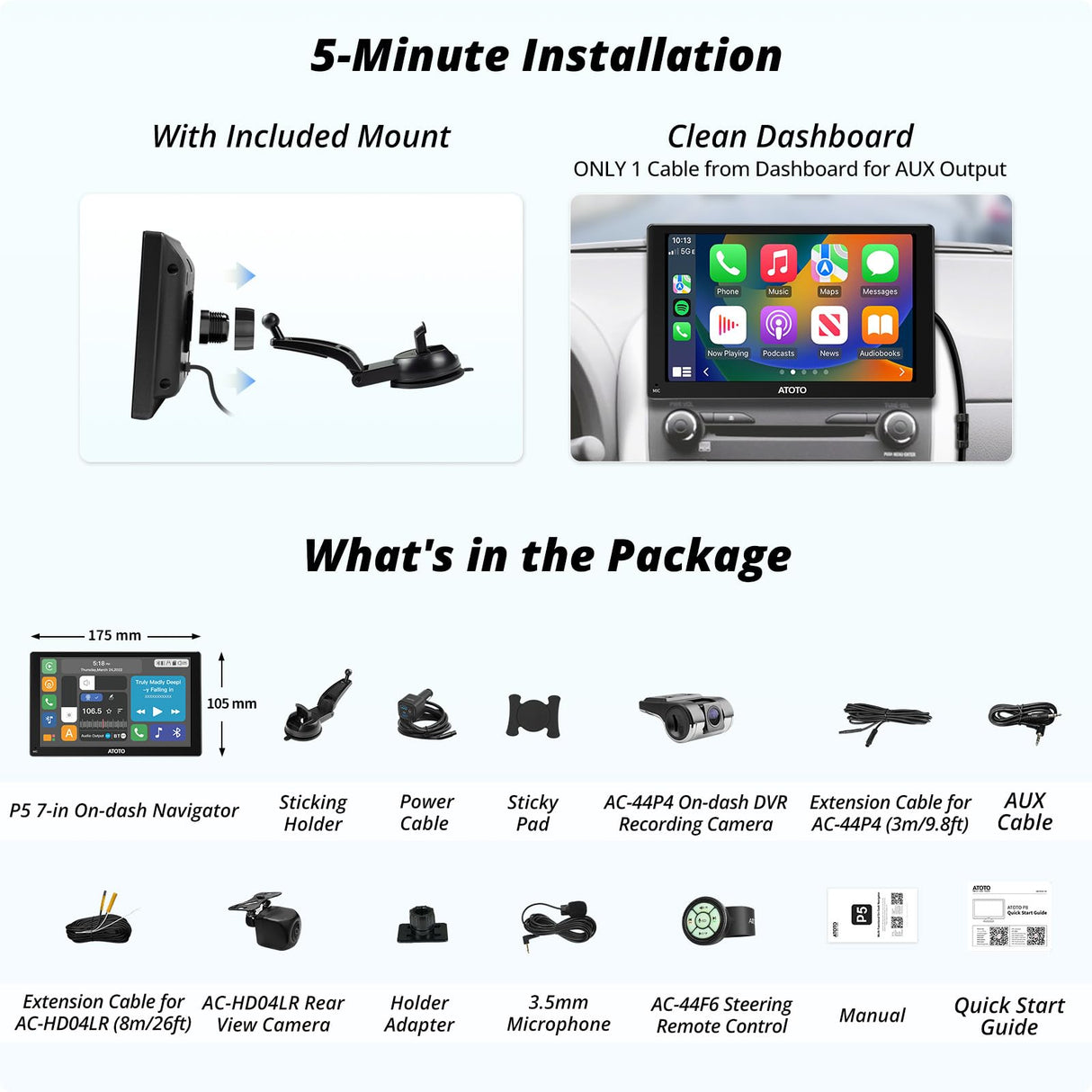 ATOTO P5 7" GPS Per Auto – Telecamera Retromarcia 1080P, DVR Frontale, CarPlay Senza Fili, Android Auto Senza Fili, Bluetooth, Uscita AUX/FM, Dimmer Automatico, Autoradio Portatile