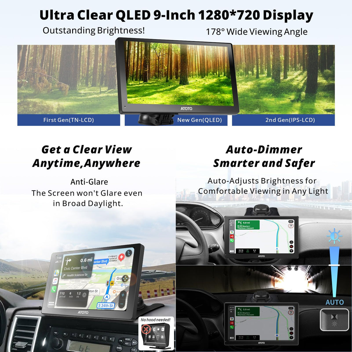 ATOTO P9 9 Zoll Navigationssystem mit 1080P Rückfahrkamera & Fernbedienung, QLED Android, 4G+32G, Wireless CarPlay, kabelloses Android Auto, 4G LTE, GPS-Verfolgung, HDMI-Unterstützung, Tragbares Autoradio