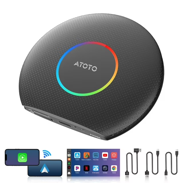 ATOTO CarPlay Ai Box with 8GB+128GB Car Smart Box Android 13 Wired to Wireless Apple CarPlay & Android Auto Adapter Built-in/Netflix/YouTube/GPS Black