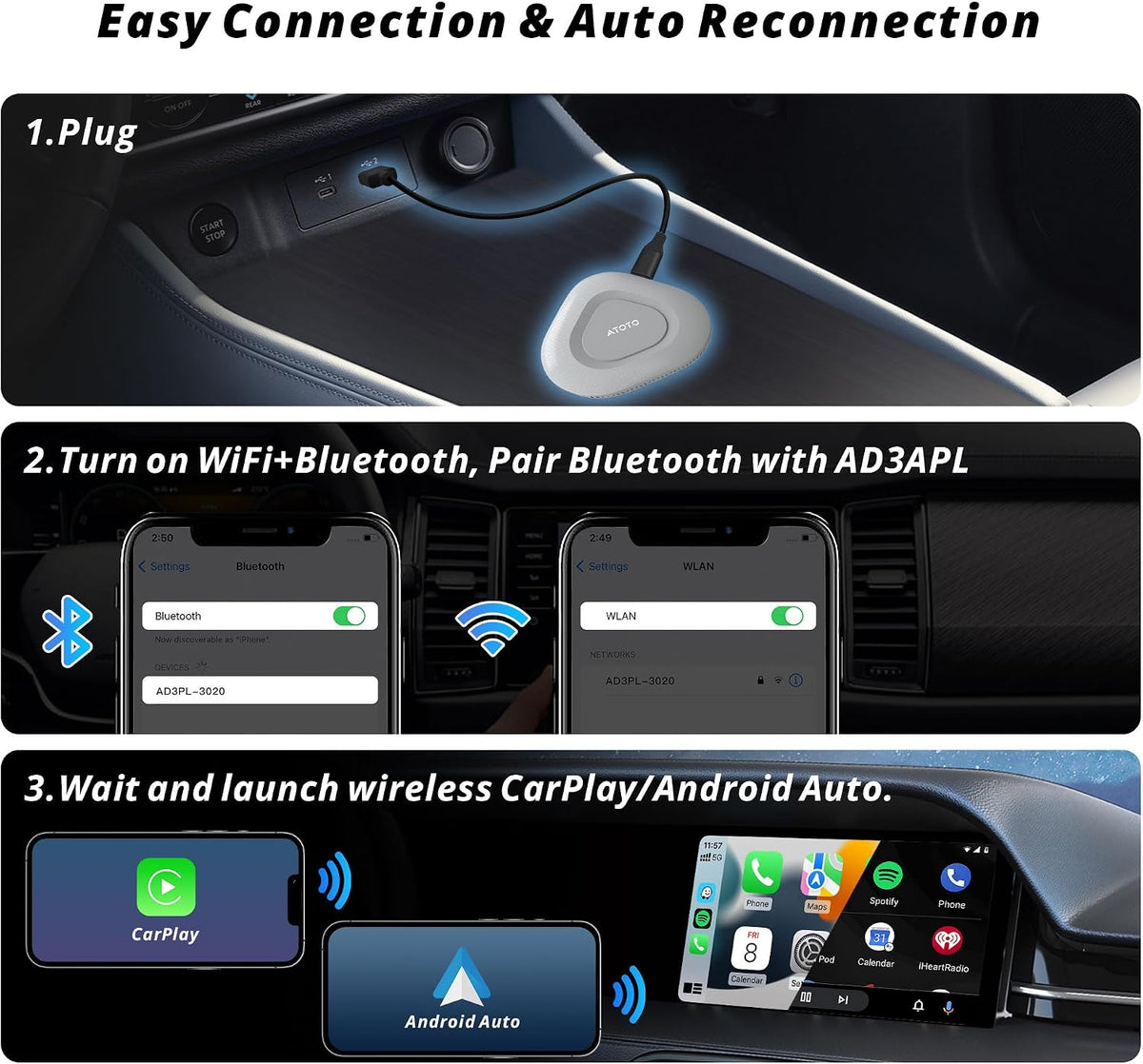 ATOTO AD3 Wireless CarPlay & Android Auto Adapter, Convert Wired to Wireless for iPhone & Android, Plug and Play, Auto Reconnect, Voice Commands, 18-Month Care (iOS 10+ Android 11+)