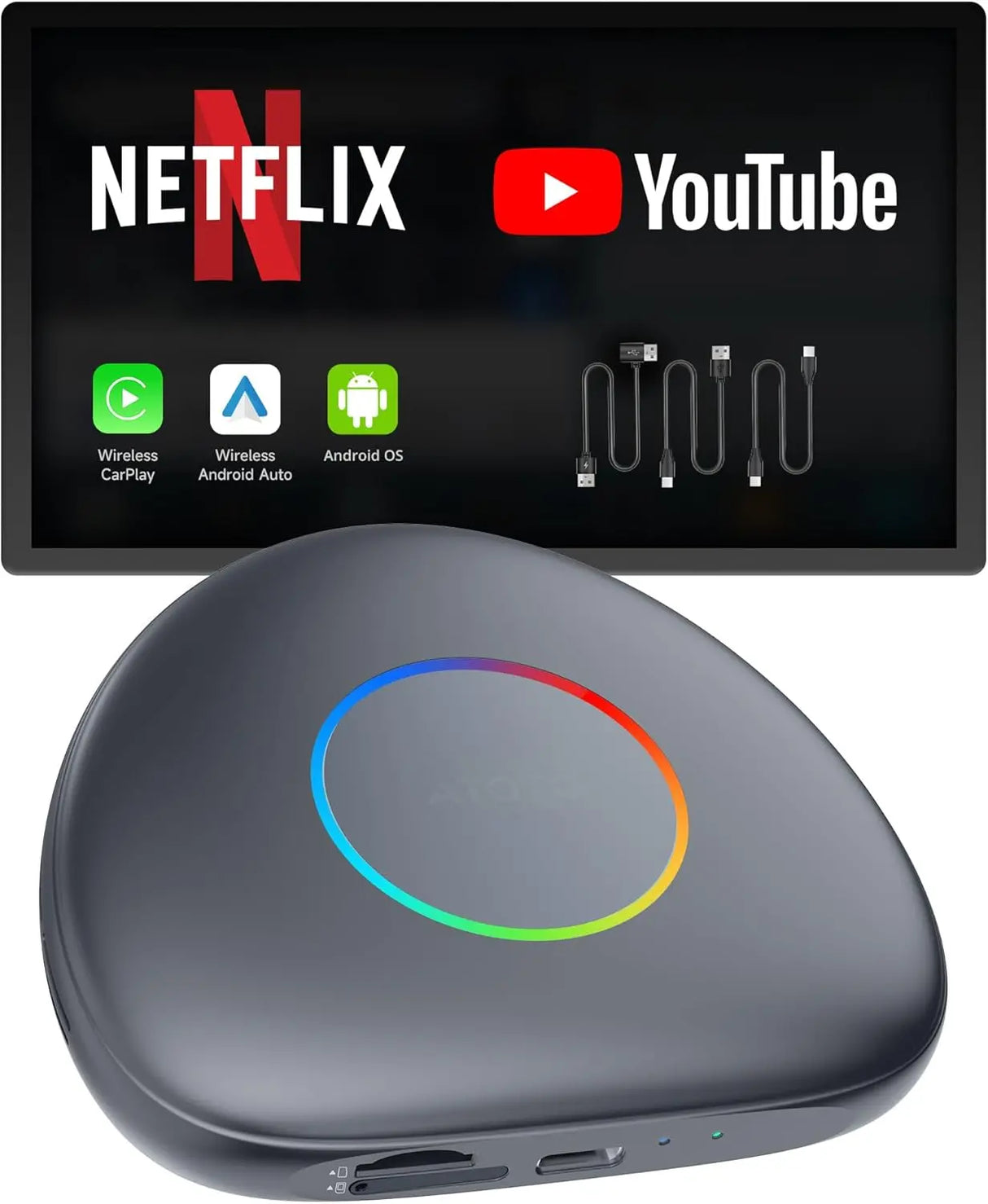 ATOTO CarWave CB6C Wireless CarPlay Adapter Android AI Box, 4G LTE Car Video Streaming Box for iPhone & Android Auto, Plug & Play, ChatGPT, YouTube, Netflix, TikTok, 4G+64G