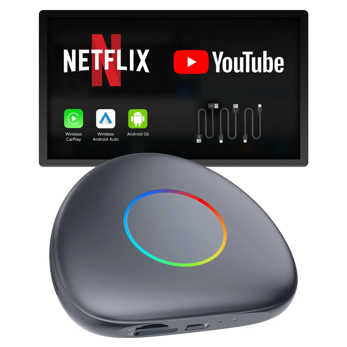 【50% OFF】ATOTOMOVE Wireless CarPlay Android 13 AI Box, Upgraded CB6C Video Streaming Plug & Play Carplay Box for iPhone & Android Auto with ChatGPT, Supports YouTube, Netfilx, TikTok, 4G LTE, 4G+64G