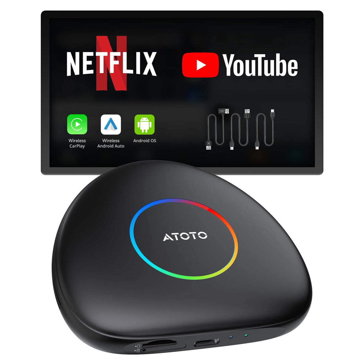 ATOTO CB6C CarWave AI Box Wireless CarPlay Adapter with GPS Tracking, Android 13, Android Auto Support, 4G LTE, AI Voice, 4GB+64GB Storage – Smart Car Dongle, Black