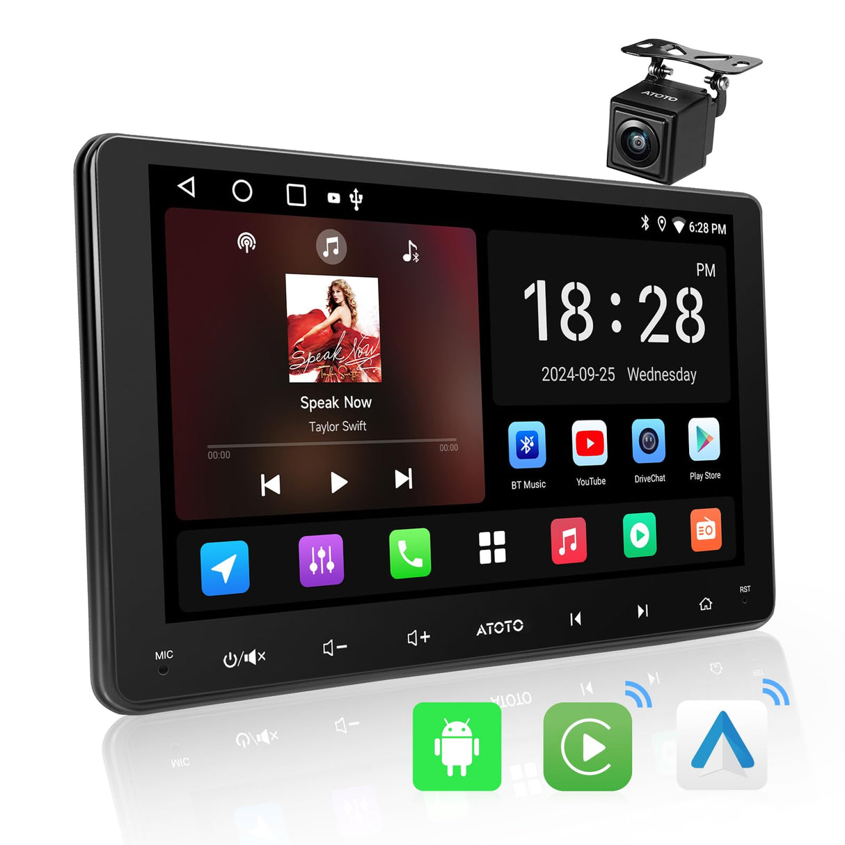 ATOTO 9" Double DIN Car Stereo, Touchscreen, Backup Camera, 2+32G, Wireless CarPlay and Android Auto, GPS, WiFi, Bluetooth, 24-Band EQ, USB