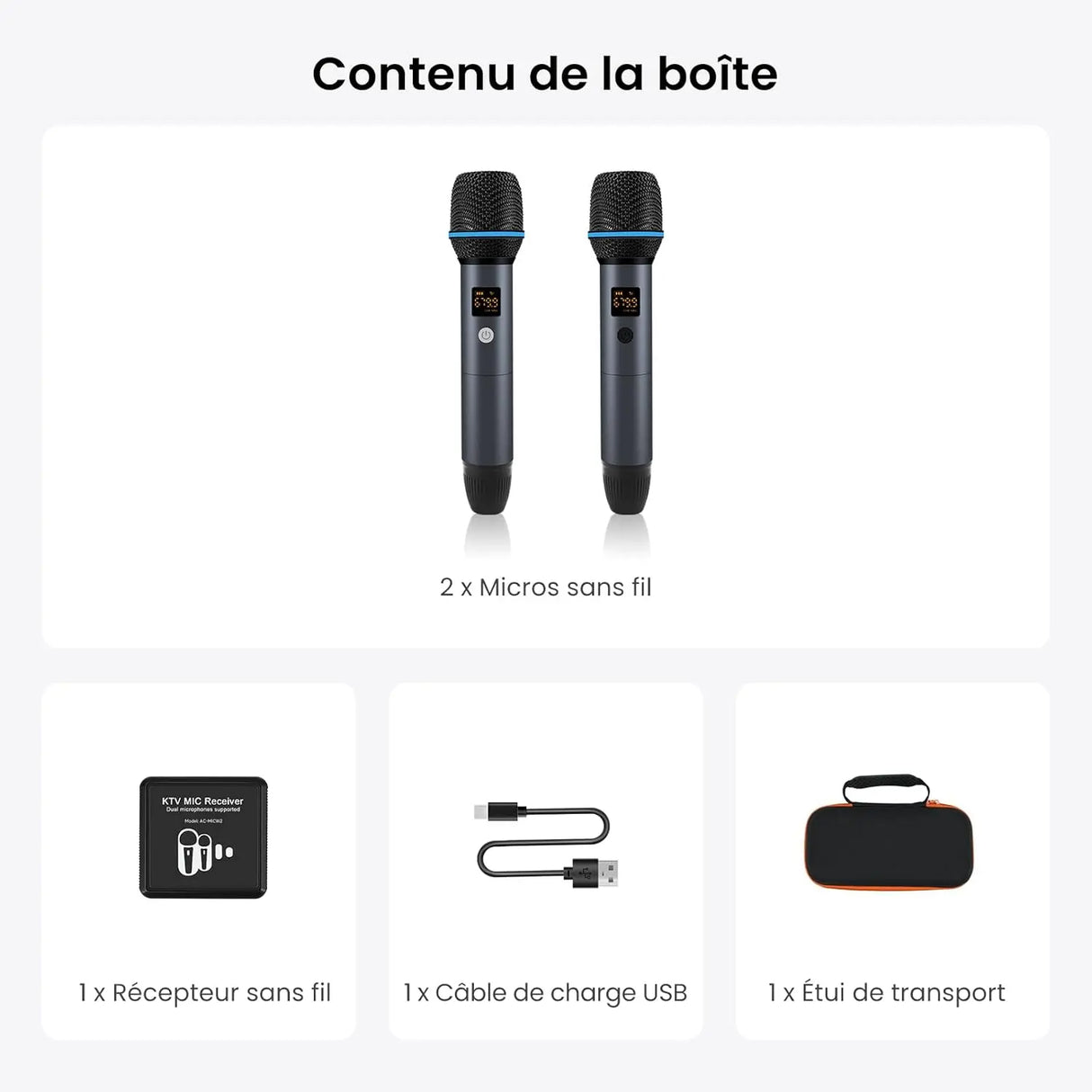 ATOTO AC-MICW2 Kit microphone sans fil – Deux micros karaoké rechargeables avec récepteur, faible latence, portée 15 m, autonomie 6h, compatible avec autoradios série V10