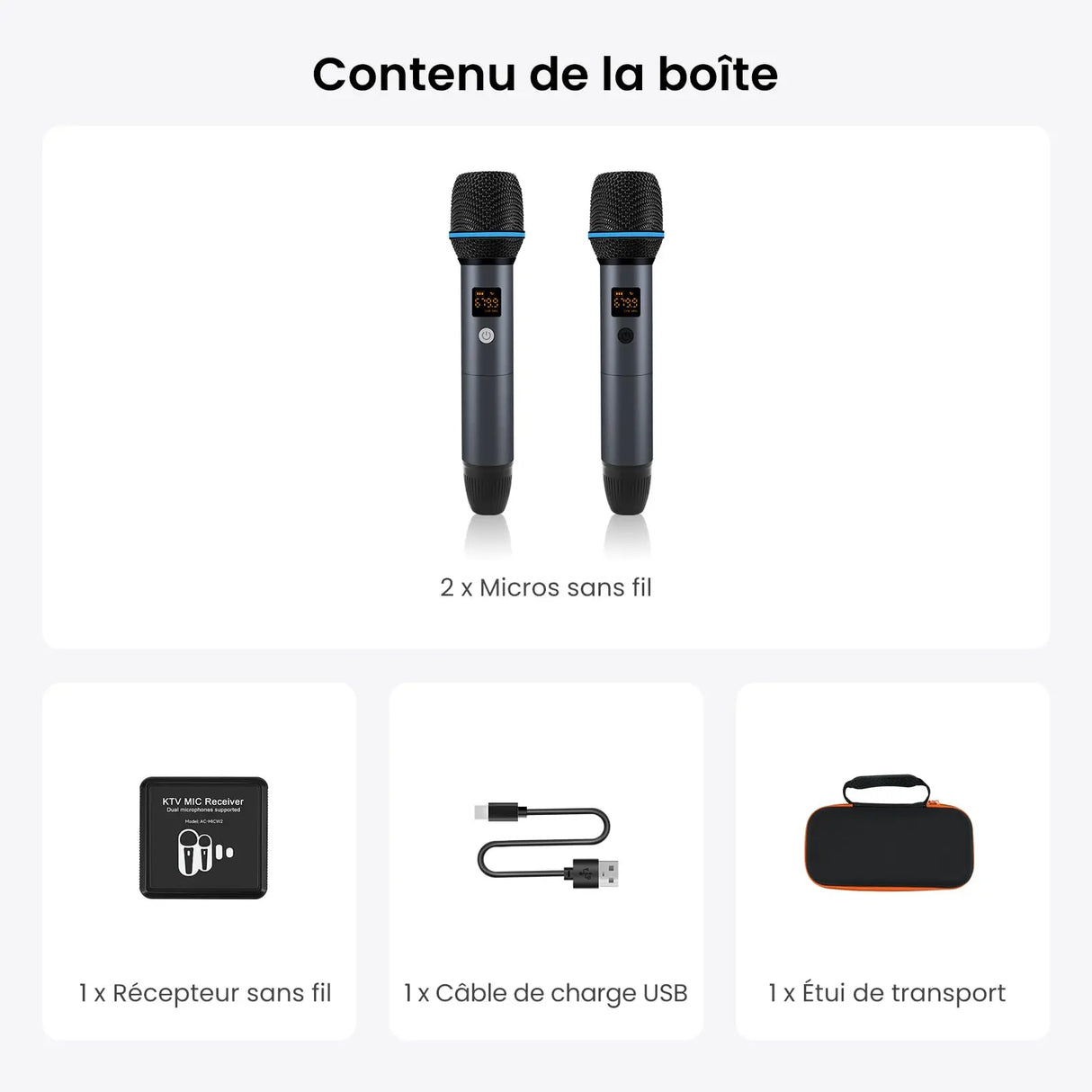 ATOTO AC-MICW2 Kit microphone sans fil – Deux micros karaoké rechargeables avec récepteur, faible latence, portée 15 m, autonomie 6h, compatible avec autoradios série V10