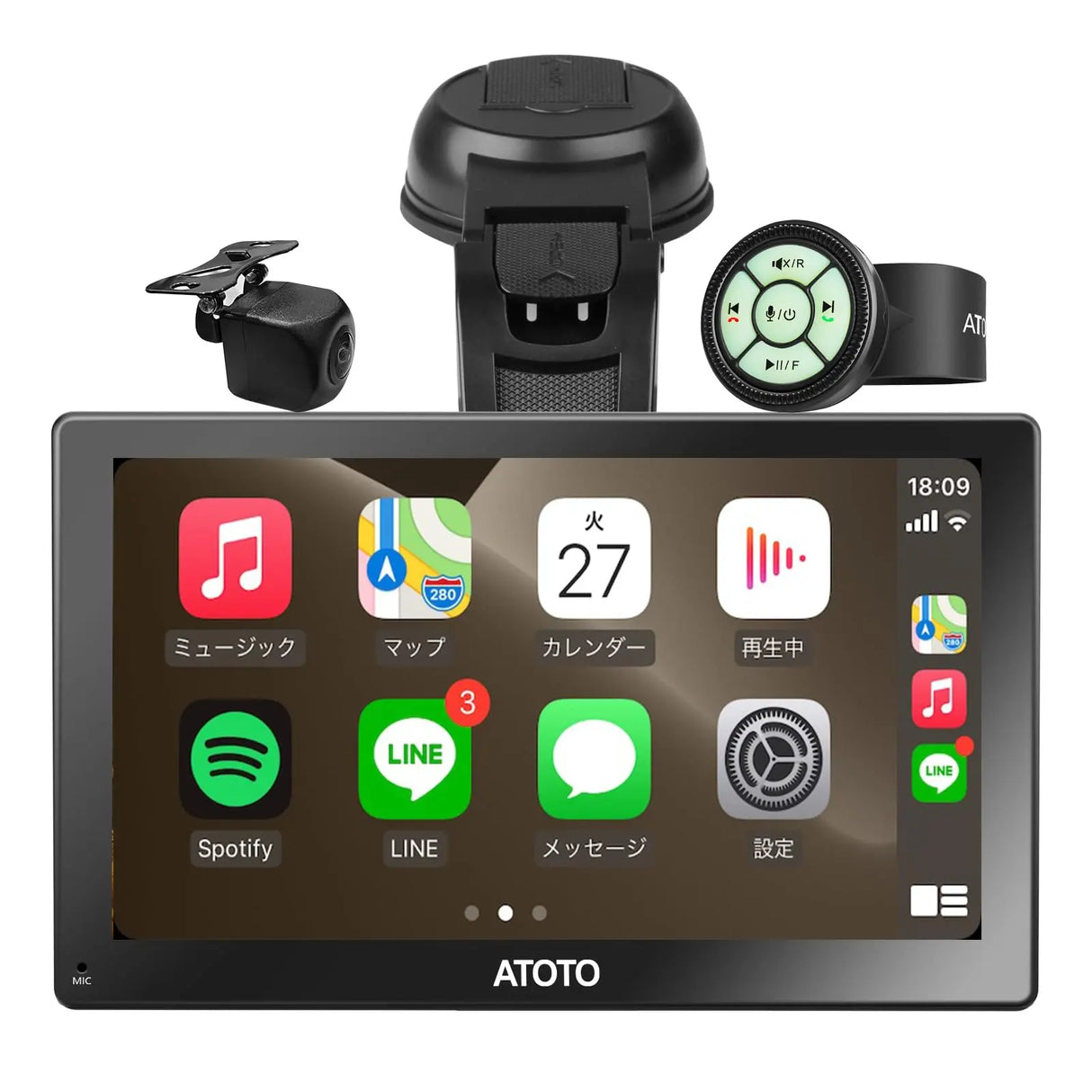 ATOTO P5 9インチポータブルナビ バックカメラ付き、QLEDタッチディスプレイ、ワイヤレスCarPlay/Android Auto、自動調光、Bluetooth、ステアリング制御、MirrorLink、AUX/FM出力