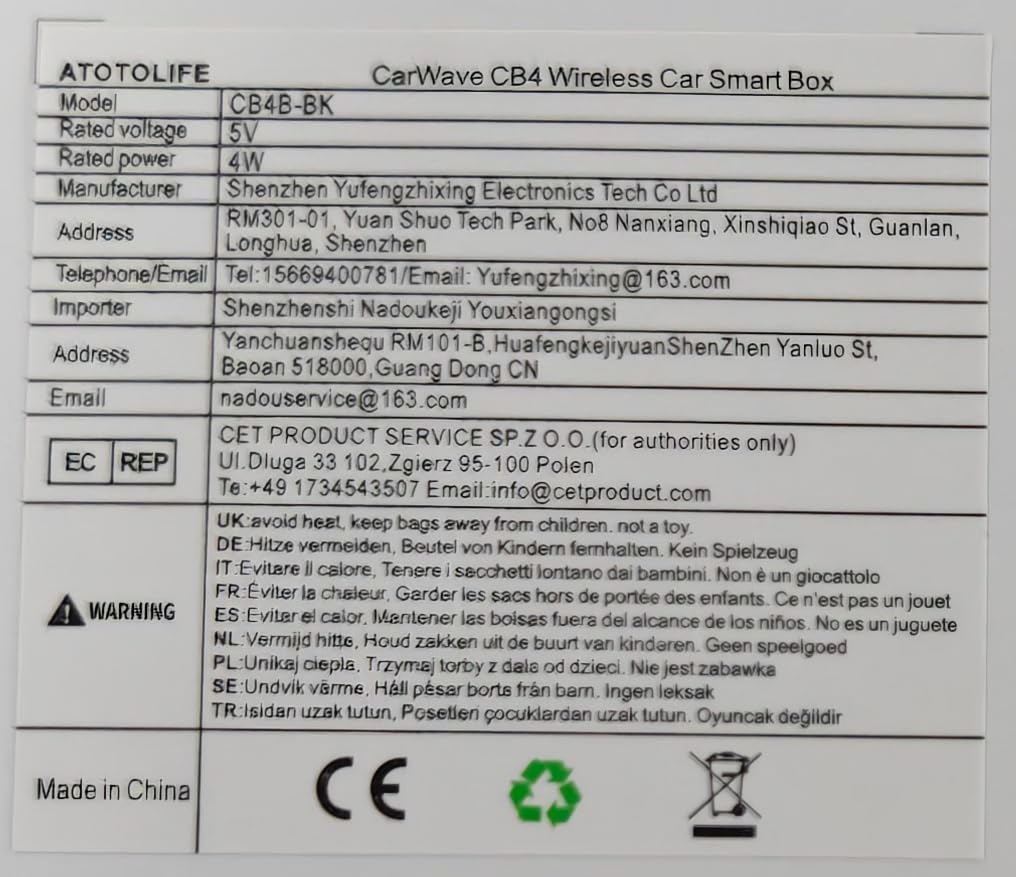 ATOTO CB4B Wireless CarPlay Adapter – Dual WLAN, Dual Bluetooth, 128GB TF-Karte, 4GB+32GB, Plug & Play Android AI Box mit KI-DriveChat, Netflix/YouTube, Schwarz