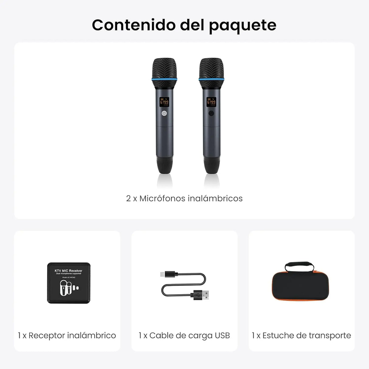 ATOTO AC-MICW2 Kit de Micrófonos Inalámbricos – 2 Micrófonos de Mano Recargables con Receptor, Baja Latencia, Alcance 15 m, 6h Duración, Compatible con Autorradios Serie V10 para Karaoke