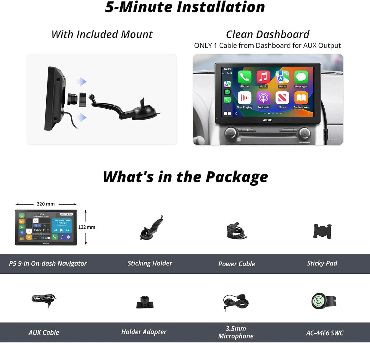 ATOTO P5 9 Pollici Tragbares Autoradio, CarPlay Wireless Android Auto Senza Fili, Touchscreen QLED Antiriflesso, MirrorLink, Bluetooth, AUX/FM-Empfänger, GPS-Navigation, Sprachsteuerung, P509SD-S01
