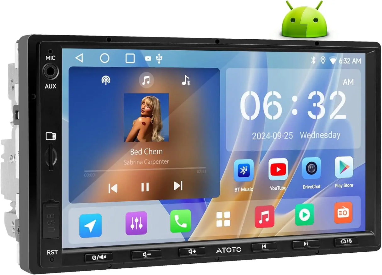 ATOTO A5LG2A7T 7" Double Din Car Stereo, 2G+32G In-Dash Navigation, Wireless CarPlay and Android Auto, WiFi, USB, Bluetooth, Built-in Amp and DSP, AI Chat, Split Screen, SWC, FM