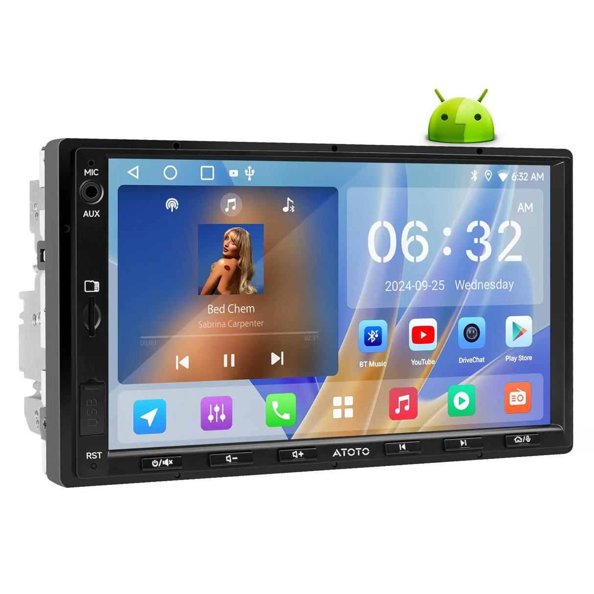 ATOTO A5LG2A7T 7" Double Din Car Stereo, 2G+32G In-Dash Navigation, Wireless CarPlay and Android Auto, WiFi, USB, Bluetooth, Built-in Amp and DSP, AI Chat, Split Screen, SWC, FM