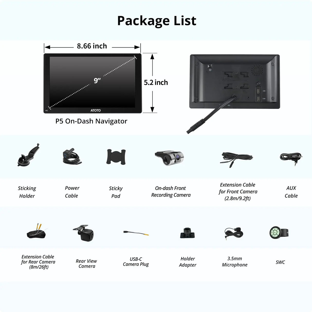 ATOTO P5 9 Zoll Navigationssystem mit 1080P Rückfahrkamera, QLED Touchscreen, Wireless CarPlay & Android Auto, tragbares Autoradio, MirrorLink, FM, AUX