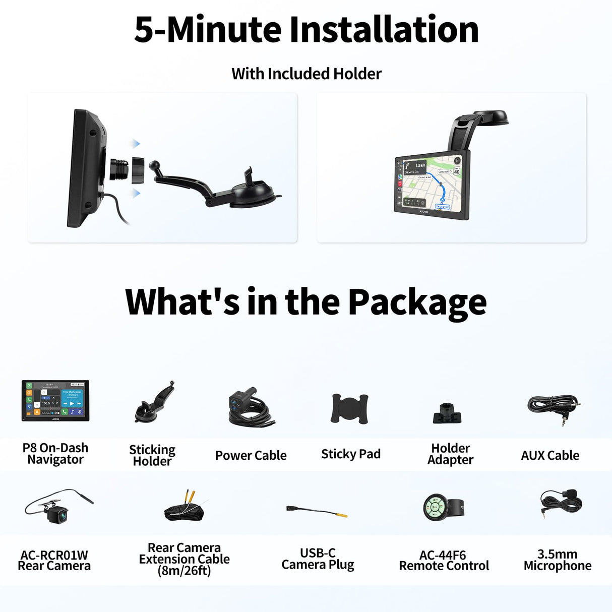 ATOTO P807SD 7" Portable Wireless Car Stereo with HD 1080P WDR Rear Camera, QLED Glare-Suppressing Touchscreen, Wireless CarPlay & Android Auto, OTA Upgrade, Remote Control & FM/AUX Output