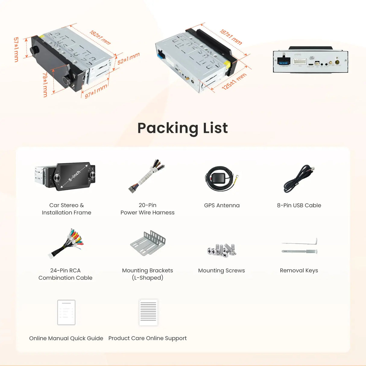 ATOTO A5LG1A5T 5" Single Din Android Car Stereo with Apple CarPlay & Android Auto, Bluetooth, WiFi, USB QC 2.0 Fast Charging, GPS Tracking, AUX-in, LRV, SWC