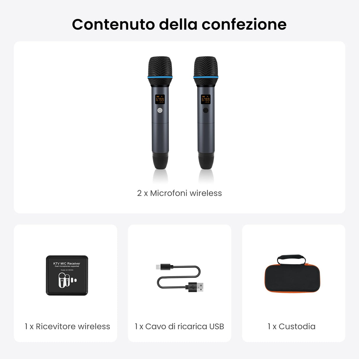 ATOTO AC-MICW2 Kit microfono wireless – Doppio microfono karaoke ricaricabile con ricevitore, bassa latenza, portata 15m, 6h durata, compatibile con autoradio serie V10