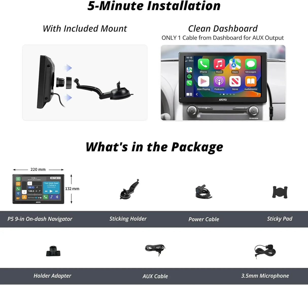 ATOTO P509SD 9-Inch Portable Car Stereo with Wireless CarPlay, Anti-Glare QLED Touchscreen, Wireless Android Auto, Bluetooth, Auto Dimming, MirrorLink, AUX/FM Output