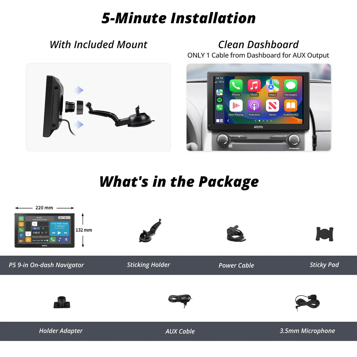ATOTO P509SD 9" Autoradio Portatile CarPlay Wireless, Schermo Touchscreen Antiriflesso, Android Auto Wireless, Bluetooth, MirrorLink, Dimmer Automatico, Uscita AUX/FM