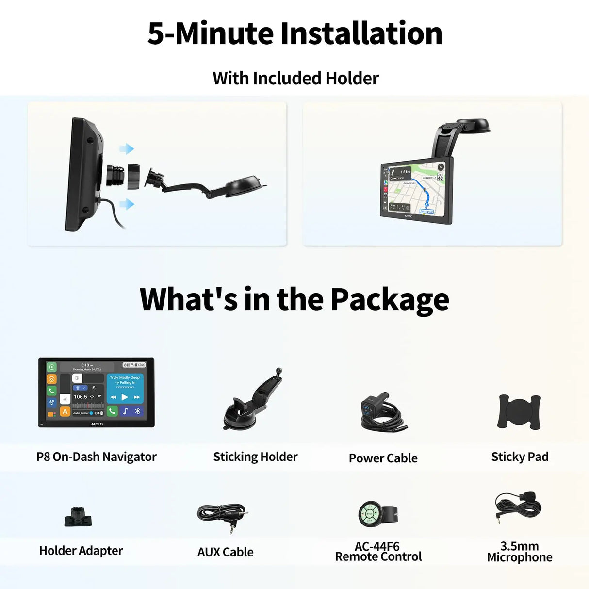 ATOTO P8 GPS Pour Voiture 7" - Android Auto/CarPlay Sans Fil, Double Caméra 1080P, WDR, Variateur Auto, Charge Rapide