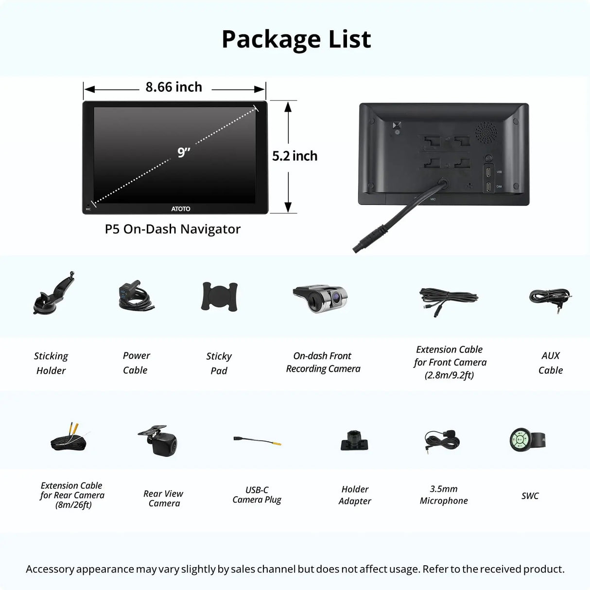 ATOTO P509SD 9″ QLED Portable CarPlay Screen with 1080P Backup Camera & Remote Control, Wireless CarPlay & Android Auto, GPS Navigation, MirrorLink & AUX/FM Output