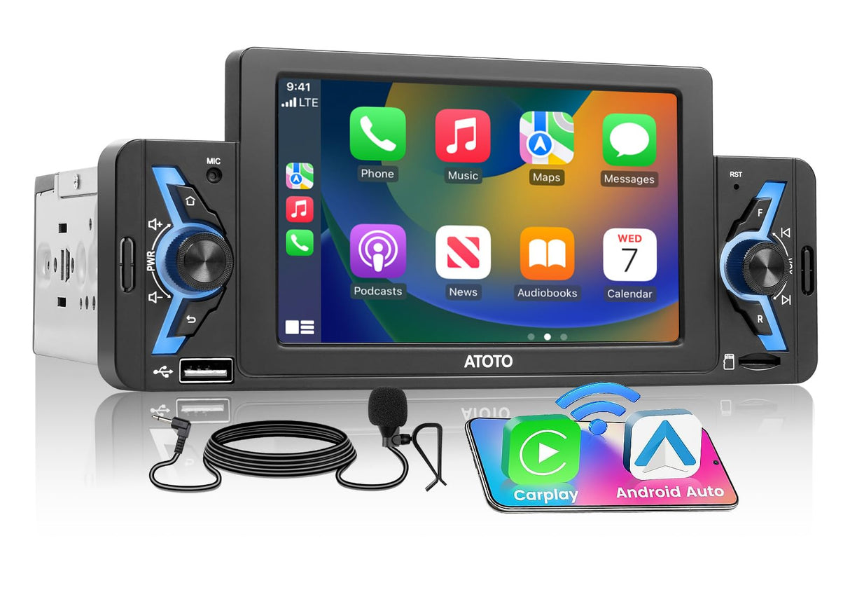 ATOTO F7G1A5WE 5" Single Din Car Stereo with Wireless CarPlay, Android Auto, Bluetooth, GPS Navigation, FM/AM Radio, WiFi, MirrorLink & Live Rear View