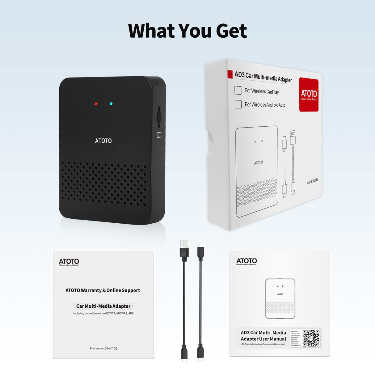 ATOTO AD3WAA-BK Wireless Android Auto Adapter - Convert Wired to Wireless for Factory/Aftermarket Radios - Compatible with Toyota, Nissan, Honda, Ford, Audi, Benz