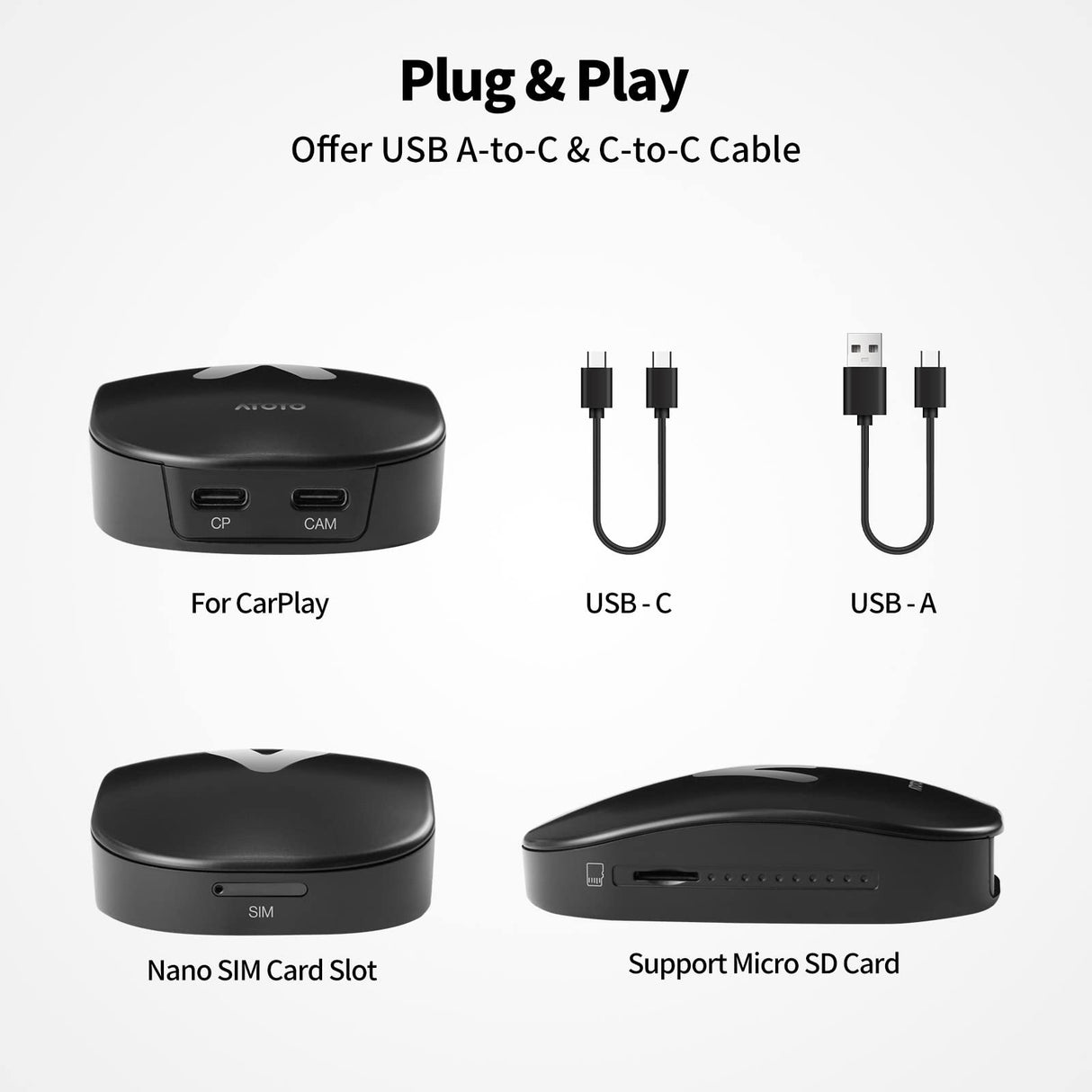 ATOTO AD6 Wired to Wireless CarPlay/Android Auto Adapter with AI Voice, OBD Support, GPS Tracking, 4GB+64GB Storage, Bluetooth