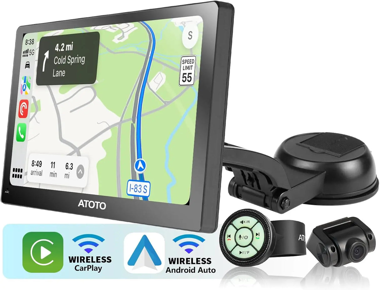 ATOTO P8 Portable Wireless Carplay Android Auto Screen, 7" QLED Glare-Suppressing Car Stereo with GPS Navigation,1080P Dash Cam, WDR & Auto Dimmer, Remote Control, Voice Assistant, P807SD-FC