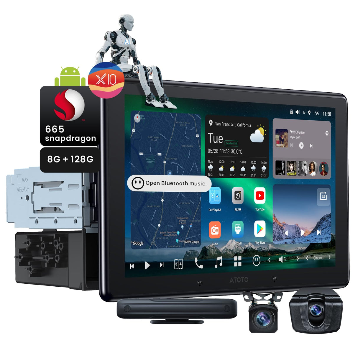 ATOTO X10G110E 10.1" Android Car Stereo with Wireless CarPlay & Android Auto, QLED Floating Touch Screen, Dual 1080P Dash Cam, 8GB RAM, 128GB ROM, DSP 7.1.2 Sound, WiFi/Cellular