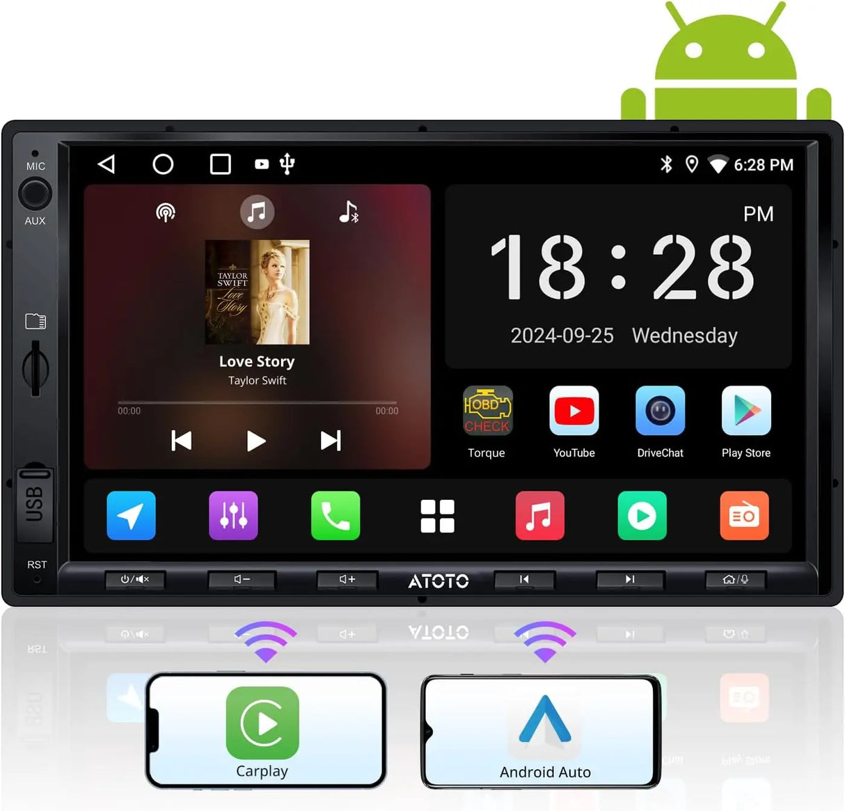 ATOTO A5LG2A7T 7" Double Din Car Stereo, Android, Wireless CarPlay & Android Auto, Bluetooth, GPS Tracking, 2G+32G, Wi-Fi/BT/USB Tethering, 24-Band EQ, FM/AM, TF Card