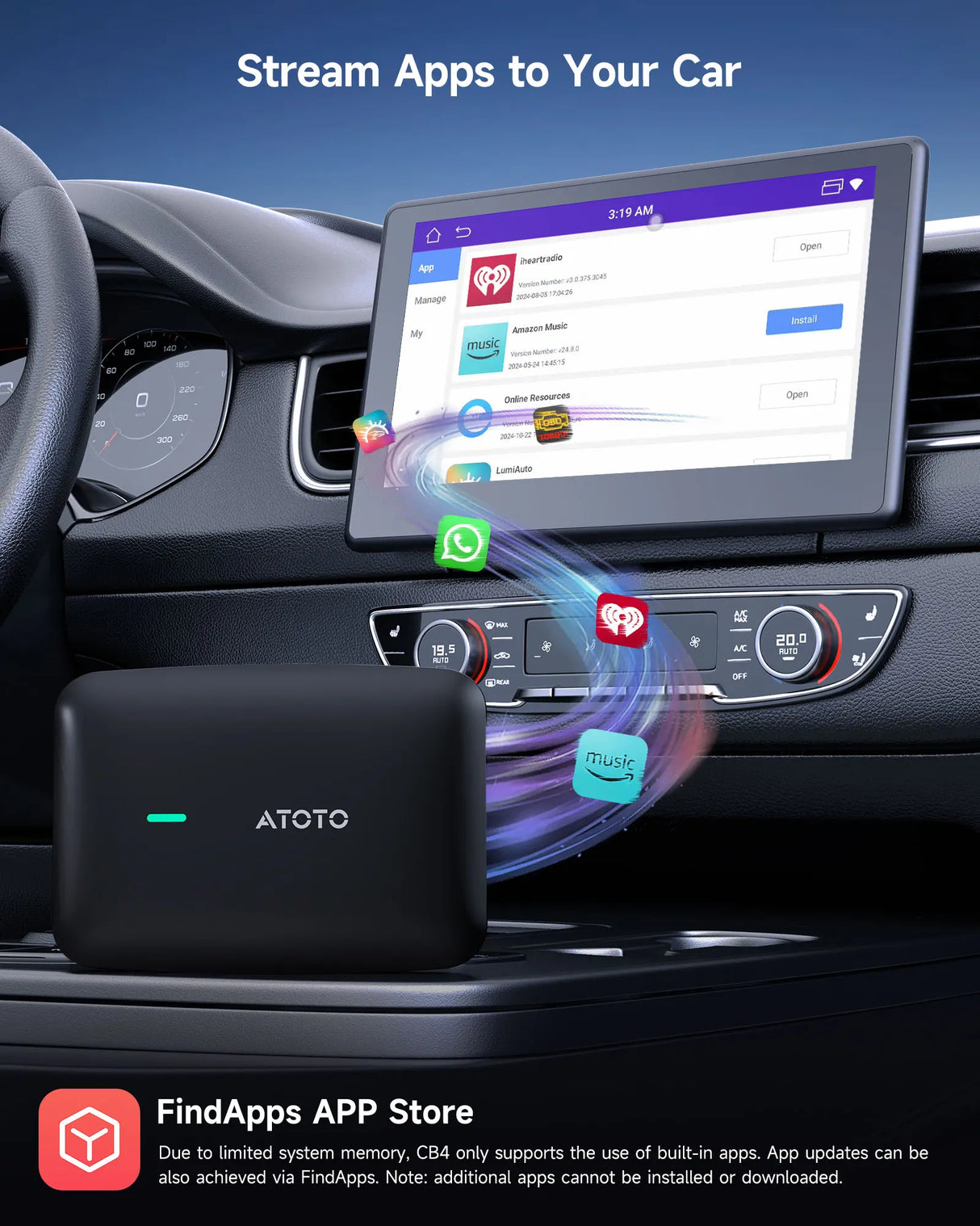 ATOTO CB4B-BK-S01 Adaptador CarPlay Inalámbrico, Caja CarPlay con Streaming de Video para iPhone y Android Auto, IA ChatGPT y Escáner OBD2, YouTube, Netflix, WiFi Dual, Actualizaciones OTA, Negro