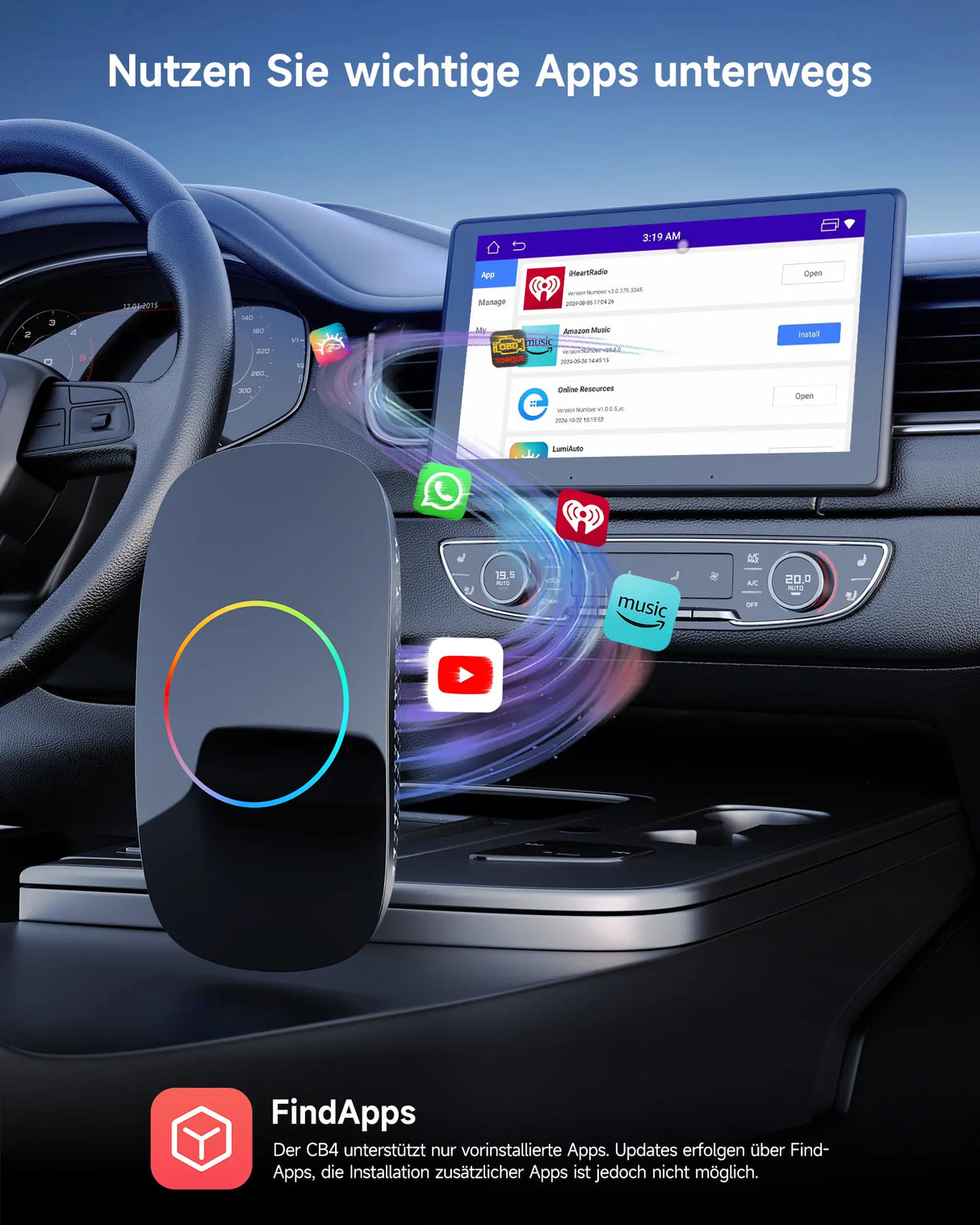 ATOTO KI-Box für kabelloses Apple CarPlay & Android Auto, 2 GB + 16 GB, YouTube, Netflix & Spotify, Dual-WLAN & Dual-Bluetooth, KI-Assistent, HDMI-Ausgang, USB, Plug & Play, OTA, Mini-OBD2, CB4CT, Sch