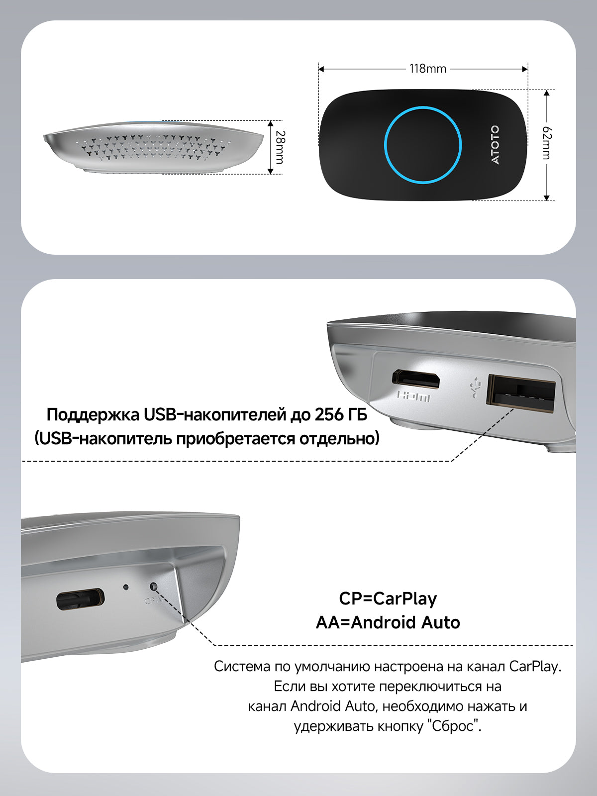 ATOTO CB4DT Беспроводной адаптер CarPlay, AI Box Android Auto, 5-в-1 видеобокс с YouTube, HDMI-выходом, двойным Bluetooth/Wi-Fi, 4ГБ+32ГБ (до 256ГБ), DriveChat, Plug & Play, стабильное низколатентное подключение