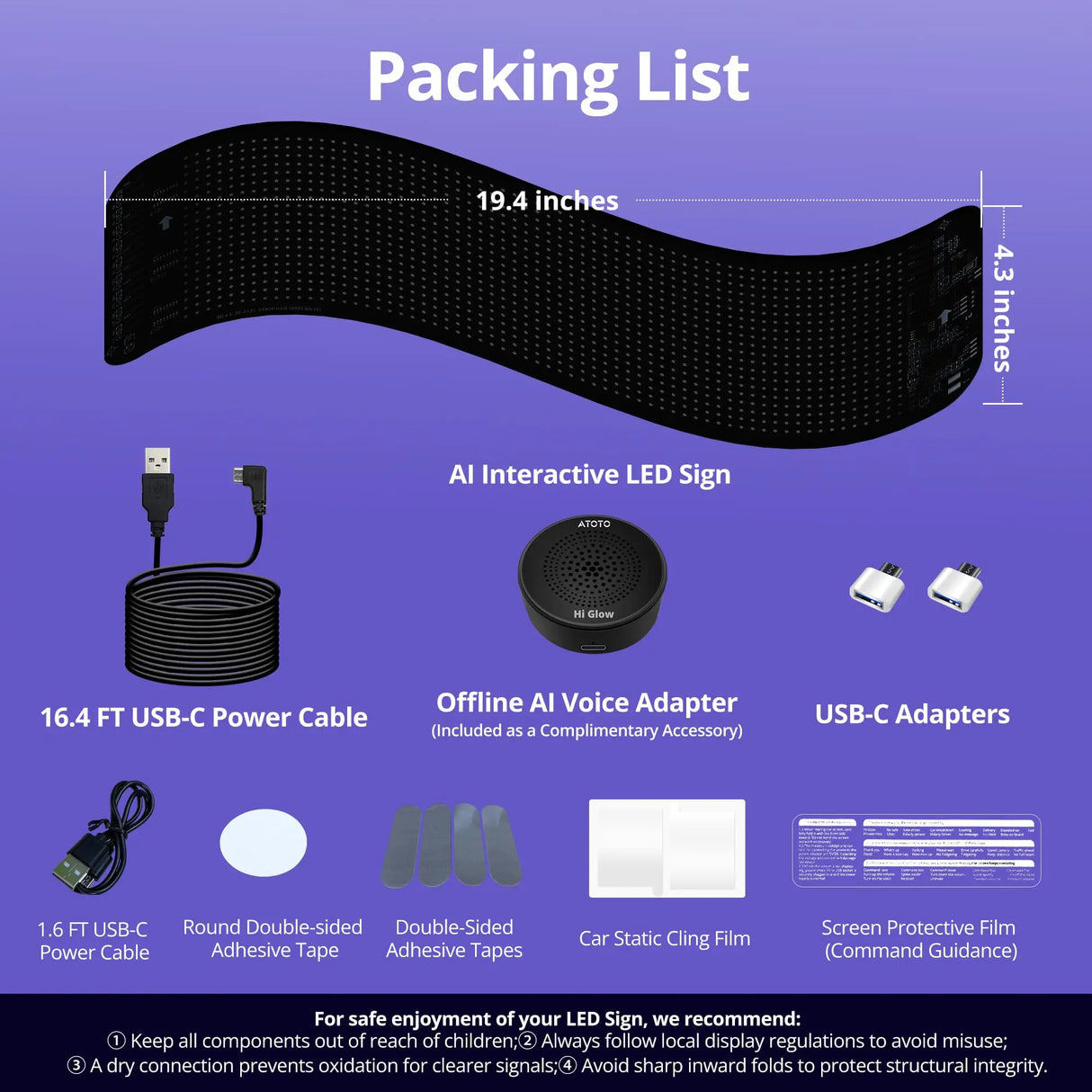 ATOTO CI-VIALD19 19.4" x 4.3" Programmable LED Car Sign – Flexible USB 5V Display, AI Voice & App Control, Custom Text & Animation, Scrolling Digital Sign for Car Window