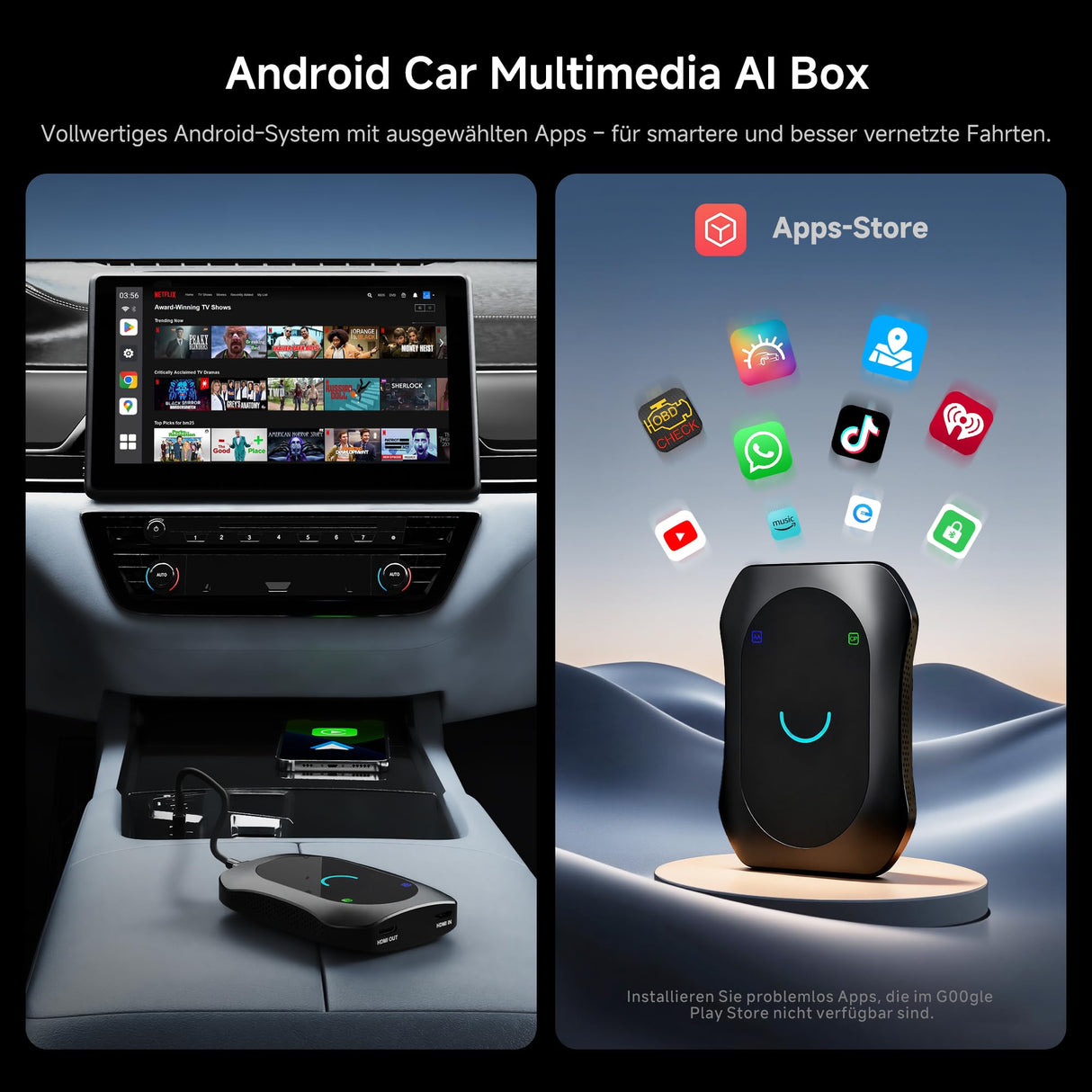 Adattatore CarPlay Android Auto Wireless + Android Completo, 8GB+128GB Car VideoBox con Ingresso/Uscita HDMI, 4G LTE, Dual-BT, DriveChat, AI Box CarPlay Wireless per Netflix/YouTube/TikTok/scheda TF