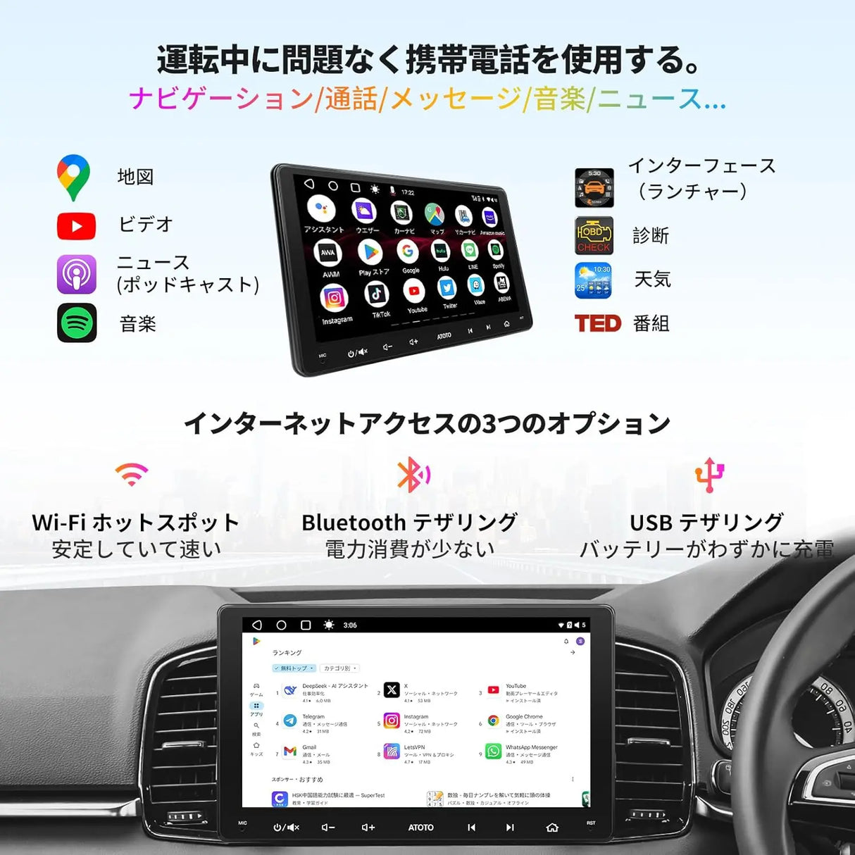 ATOTO A6 PF 9インチ 2DIN Androidディスプレイオーディオ統合カーナビゲーション、ワイヤレスCarPlay、Android Auto無線、IPSディスプレイ、GPS追跡、デュアルBluetooth、WiFi/BT/USBテザリング