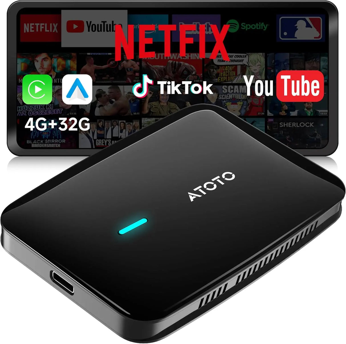 ATOTO CB4B Wireless CarPlay Adapter, Car Smart Box with Dual WiFi, Dual Bluetooth, AI DriveChat, 4G+32G – Supports Netflix/YouTube/128GB TF Card, Plug & Play, Android AI Box, 2025 Upgrade, Black