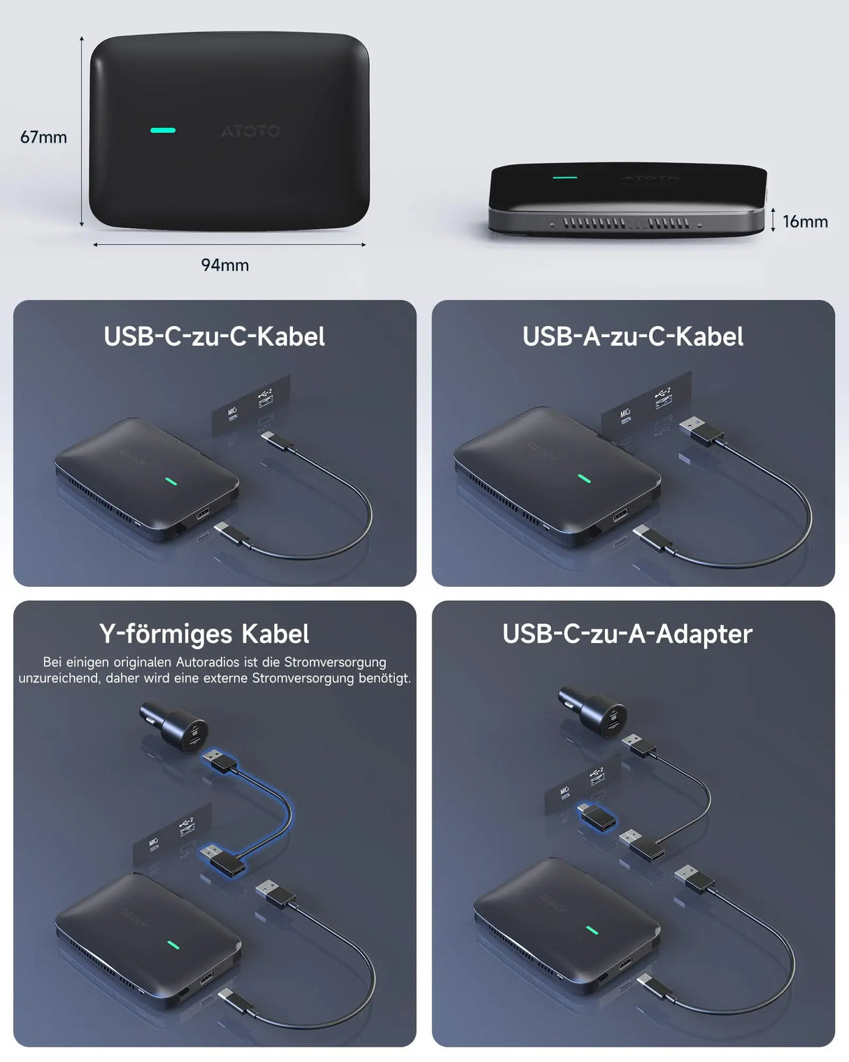 ATOTO CB4B Wireless CarPlay Adapter – Dual WLAN, Dual Bluetooth, 128GB TF-Karte, 4GB+32GB, Plug & Play Android AI Box mit KI-DriveChat, Netflix/YouTube, Schwarz