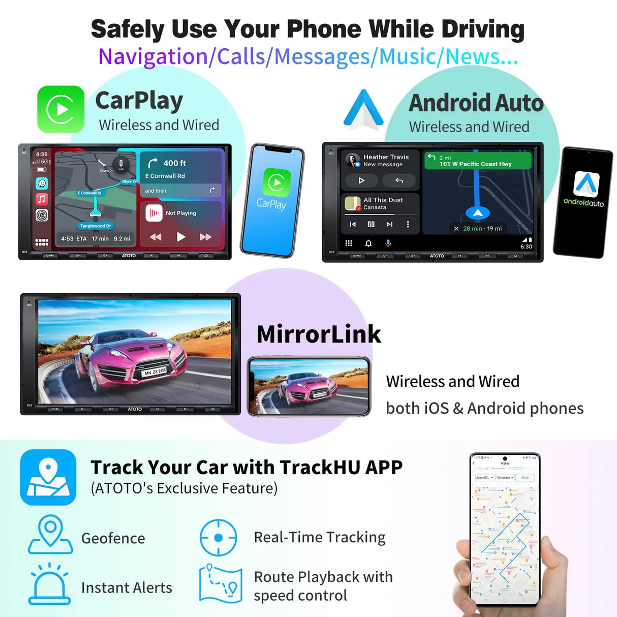 ATOTO A6 PF Android Double-DIN Car Stereo, Wireless CarPlay, Wireless Android Auto, Mirrorlink, 7 in Touchscreen in-Dash GPS Navigation, Dual Bluetooth, WiFi/BT/USB Tethering, HD LRV, 2G+32G, A6G2A7PF