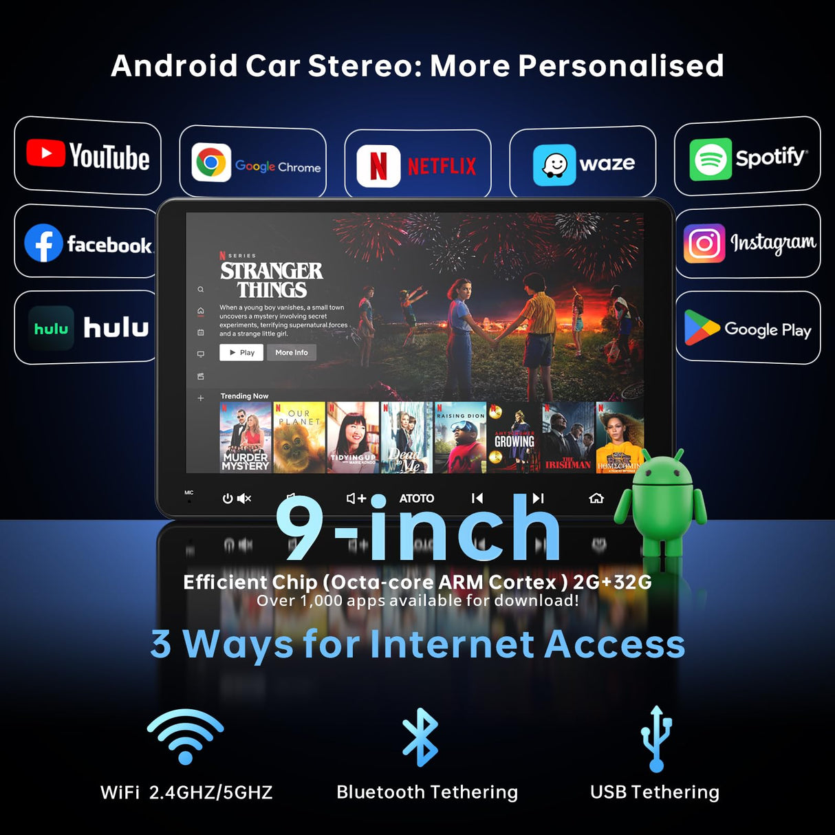 ATOTO A6G209PF 9" Android Double DIN Car Stereo with OBD, Wireless CarPlay & Android Auto, GPS, HD LRV, WiFi/BT, Dual Bluetooth, MirrorLink, 8-Core 2G+32G