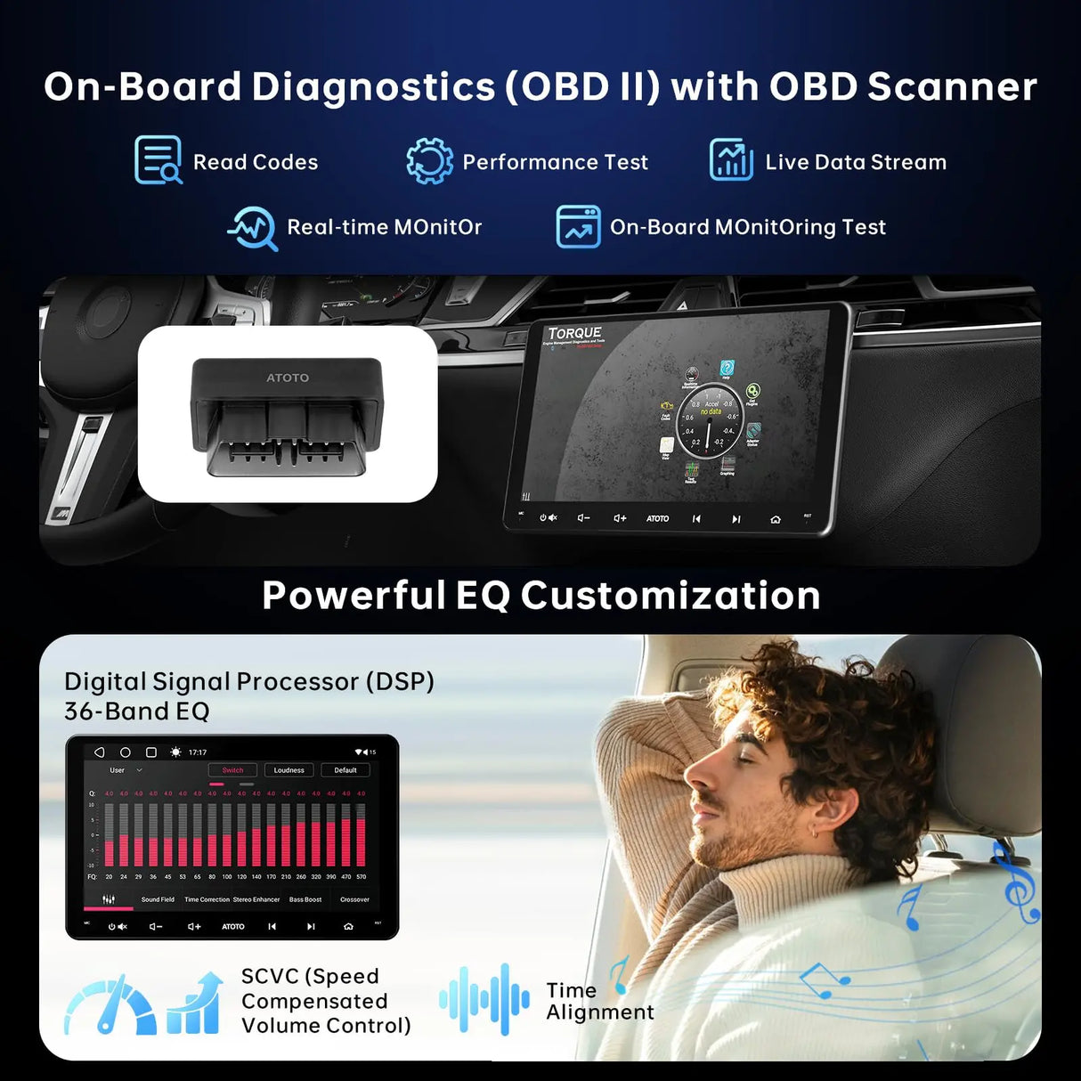 ATOTOEXCEL A6PF Android Double DIN Car Stereo, Wireless CarPlay&Android Auto, 8 Core 2G+32G Touchscreen Radio, WiFi/BT/USB Tethering, Dual BT, AI DriveChat, 36 band EQ, DSP, OBD2 Scanner, A6G209PF-S04