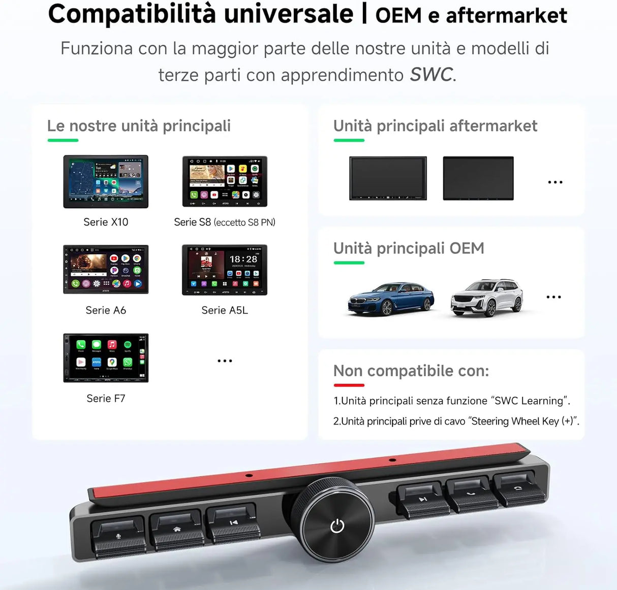 ATOTO AC-44F20 Telecomando Wireless per Autoradio con Tasti Retroilluminati, Installazione Flessibile e Pulsante Personalizzabile, Compatibile con A6, A5L, S8 (escluso S8 PN), X10, V10 e Altri Modelli con SWC Learning