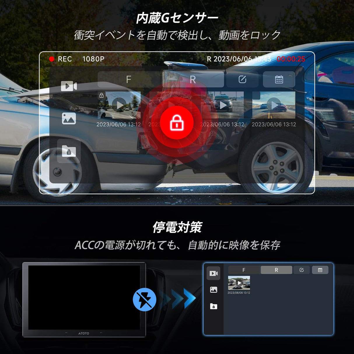 ATOTO AC-FHD02LR バックカメラ 1080P、強光抑制、WDR、GPSトラック再生、140度広角、IP67防水、ナイトビジョン、ループ録画、LRV、X10シリーズ