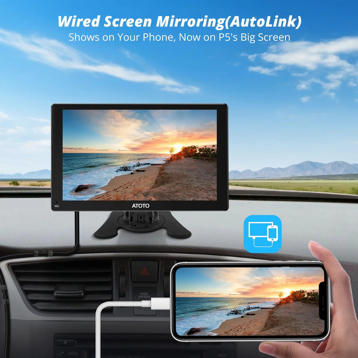 ATOTO P5 GPS para coche portátil 7" QLED antirreflejos con control remoto, CarPlay/Android Auto inalámbrico, atenuador automático, mirroring, Bluetooth, salida AUX/FM, navegación