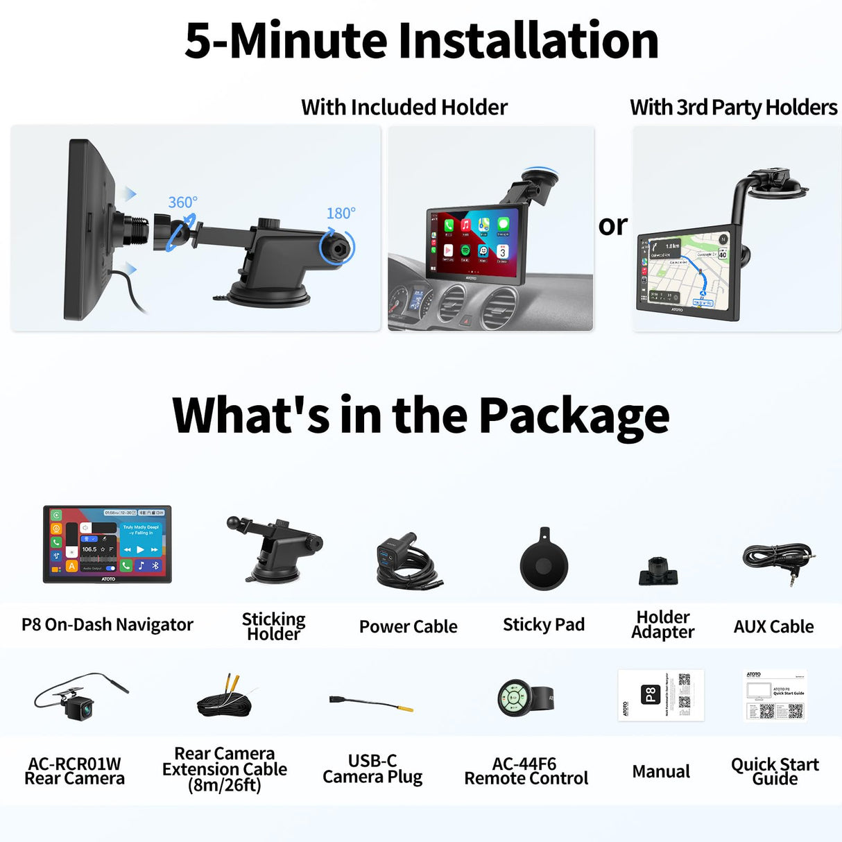 ATOTO 7 inch Portable Car Radio Wireless Carplay and Android Auto Screen, HD 1080P Rear DVR Camera, On-Dash Camera Input, Remote Control, WDR & Auto Dimmer, P807SD-RC