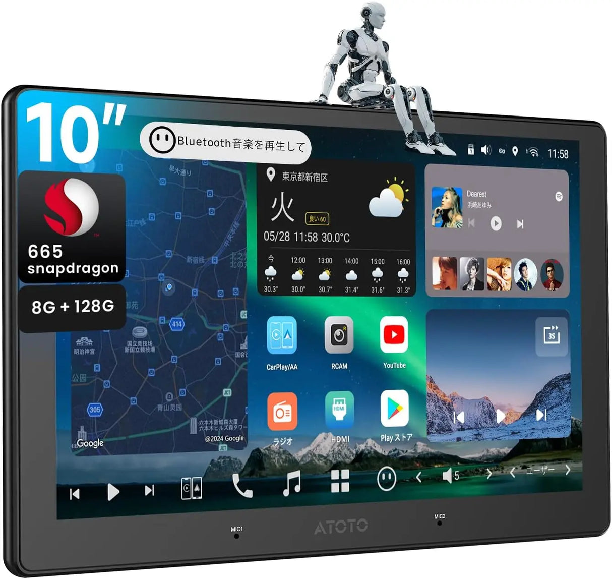ATOTO X10G211E 10インチ 2DIN ディスプレイオーディオ - QLEDディスプレイ、8+128Gメモリ、ワイヤレスCarPlay&Android Auto対応、4G LTE、AI音声アシスタント、GPSトラッキング、デュアルカメラ入力&デュアルマイク、Bluetooth、LRV、SCVC、36B-EQ、HDMI入力、スプリットスクリーン搭載