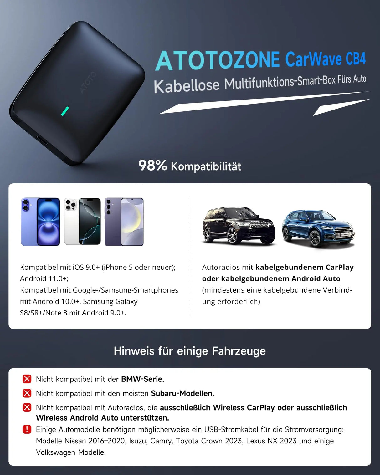 ATOTO CB4B Wireless CarPlay Adapter – Dual WLAN, Dual Bluetooth, 128GB TF-Karte, 4GB+32GB, Plug & Play Android AI Box mit KI-DriveChat, Netflix/YouTube, Schwarz