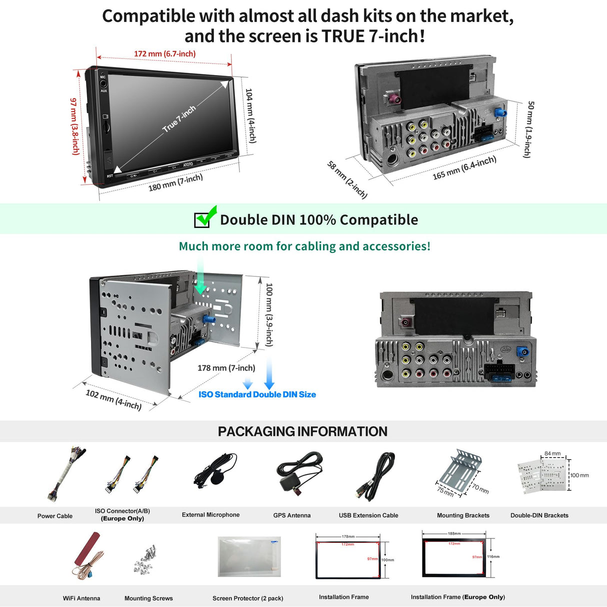 ATOTO S8G2A74SD 7-Zoll Doppel-DIN Android Autoradio mit USB-Tethering, Dual Bluetooth, HD Rückfahrkamera-Unterstützung mit LRV, Wireless CarPlay & Android Auto, IPS-Display, SCVC und mehr
